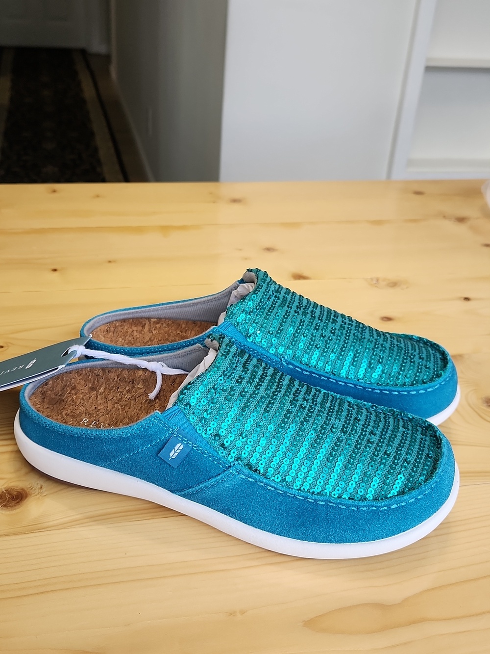 Revitalign Siesta Slide Sequin Mule Shoes In Biscay Bay Sz 6